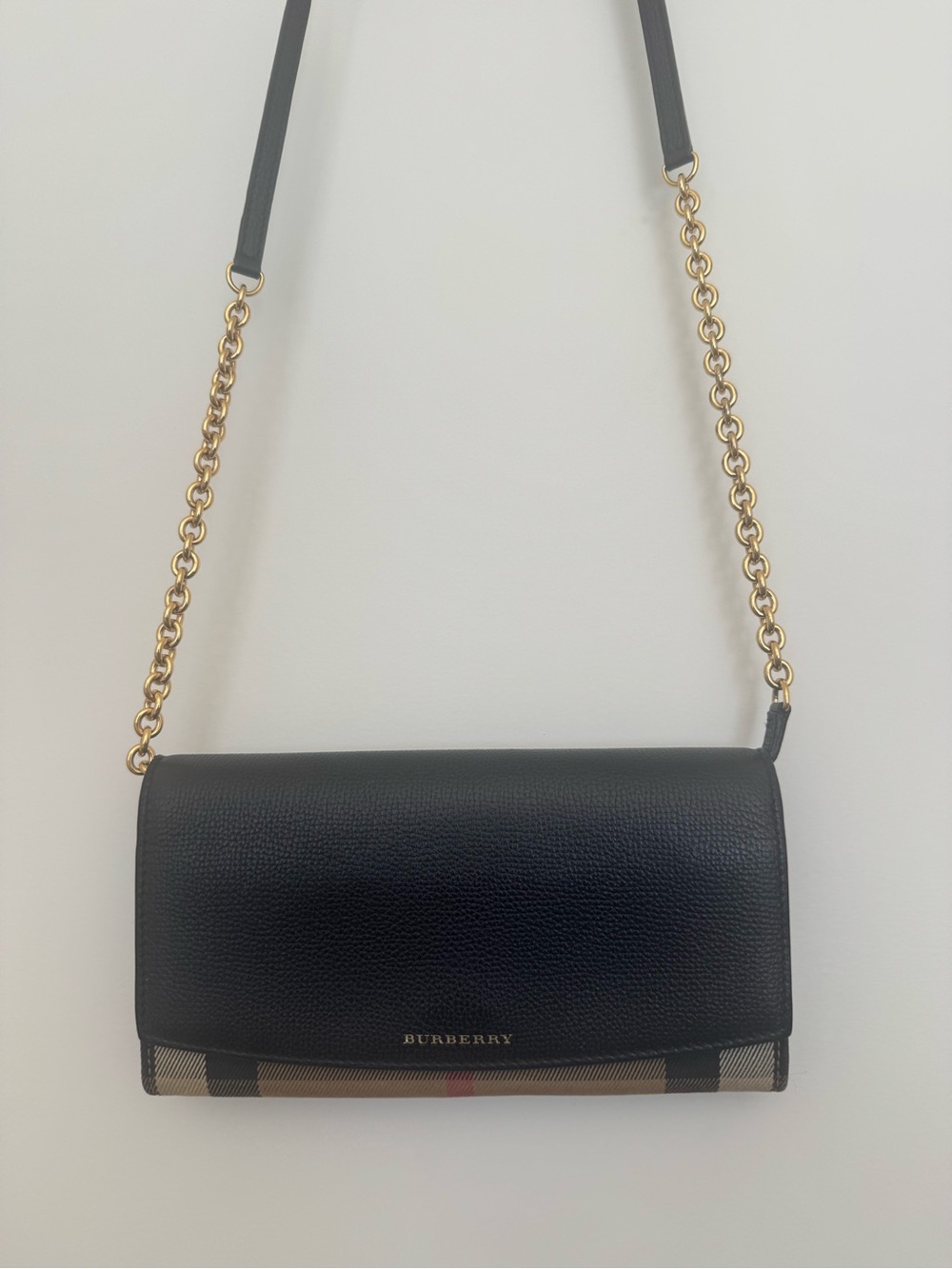 Burberry Black Leather & Beige Vintage Check Wallet/Crossbody